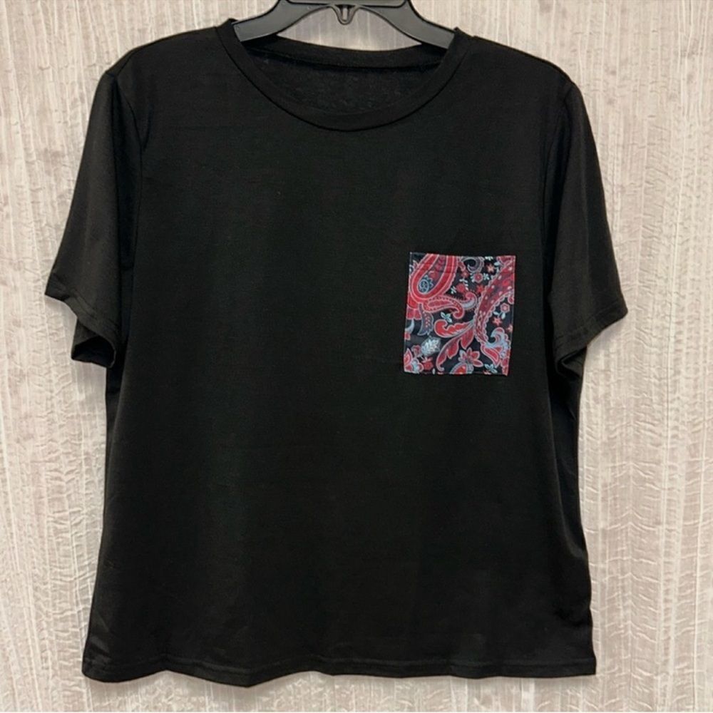 SHEIN XL Black Red Blue Hanky Bandana Paisley Print Shirt Sleeve Tee